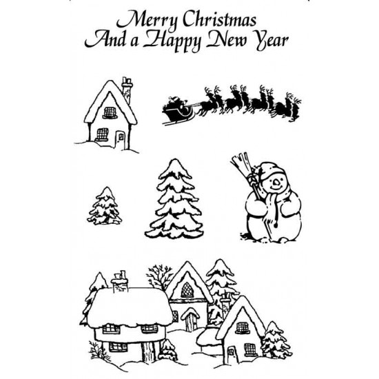 Mini Snowy Village rubber stamp set