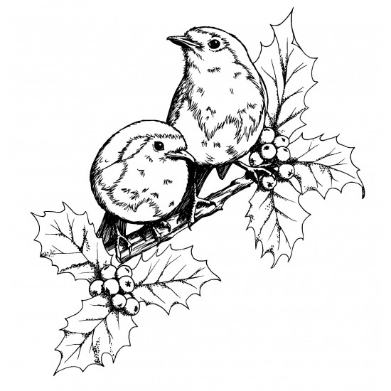 Robins in Holly Cling Rubber Stamp